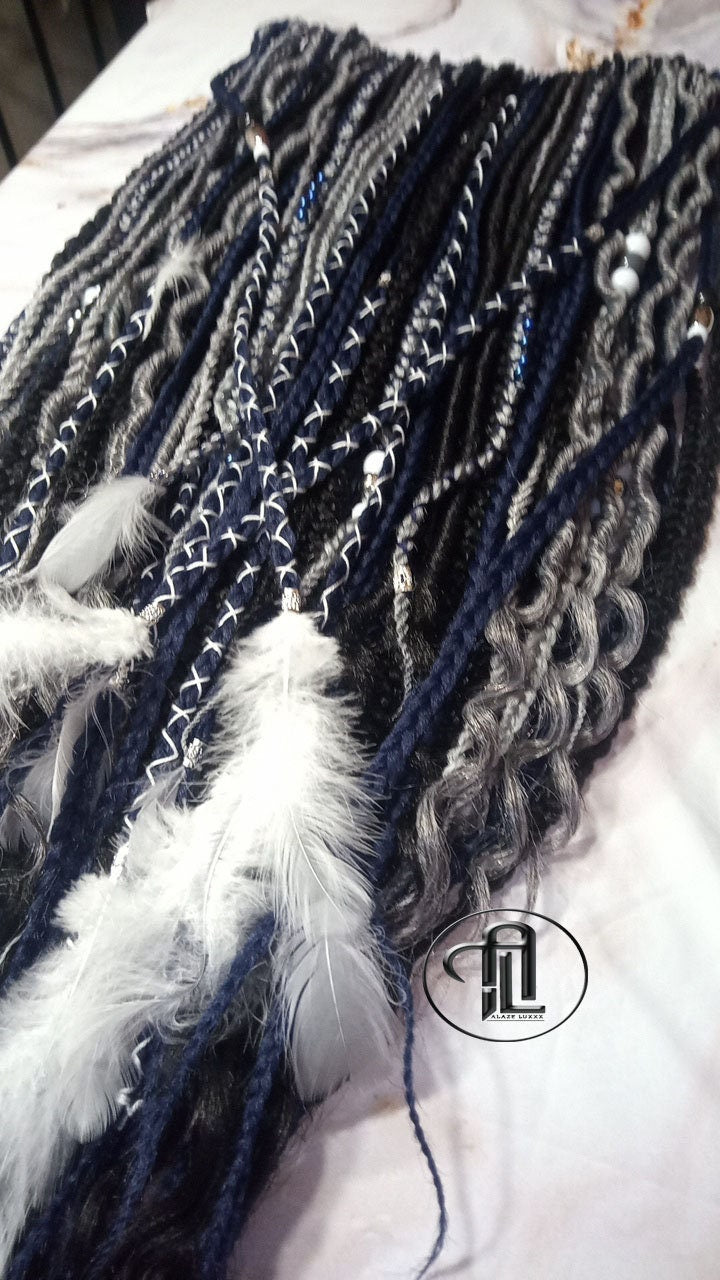 Blue Black Silver Boho Single Ended SE 100 Piece Braids Plaits Twist Soft Crochet Boho Dread Braid Hair Wraps Extensions SE Dread Cuffs Ring