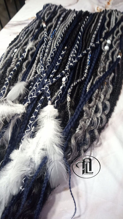 Blue Black Silver Boho Single Ended SE 100 Piece Braids Plaits Twist Soft Crochet Boho Dread Braid Hair Wraps Extensions SE Dread Cuffs Ring