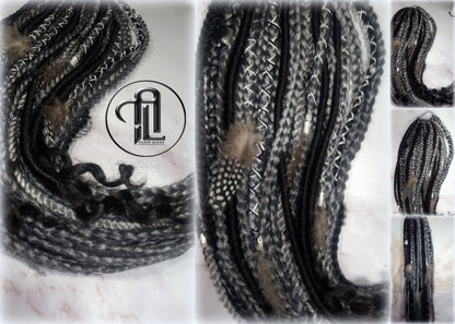 Viking Ponytail Hair Fall Extensions Black Silver Grey  Elements Accents Feathers Jungle box braids hair scrunchie Butterfly
