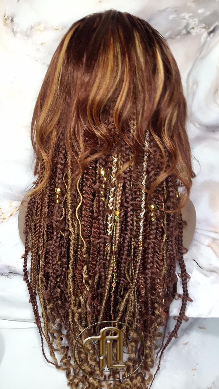 Human Hair Lace Frontal Dread Braid Twist Boho Synthetic Side Part Bohemian Ombre Brown Blonde Long Wavy Curly Balayage Wig