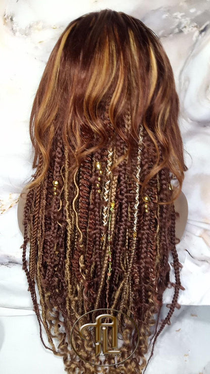 Human Hair Lace Frontal Dread Braid Twist Boho Synthetic Side Part Bohemian Ombre Brown Blonde Long Wavy Curly Balayage Wig