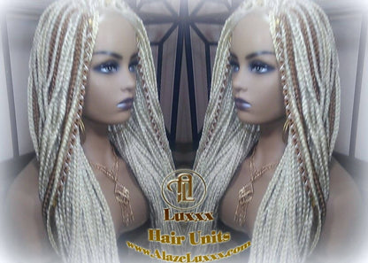 Blonde 613 27 Mix Box Braid Wig Ombre Balayage Honey Blonde Platinum Lace Baby Hair Unit Small Medium Straight Plaits! Braid Lace Wig