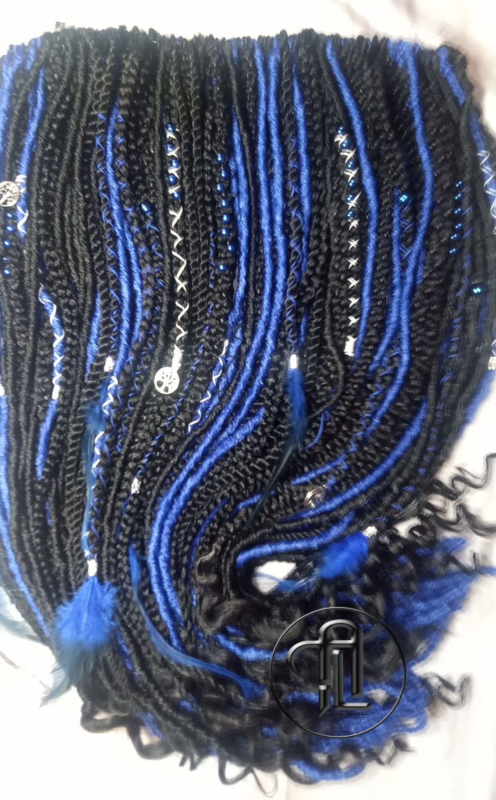 Blue Black SE Synthetic Dreads Braids Locs Mix Gray Blue Crochet Full Set Single Ended Dreadlock Extensions Dreadlocks Fake Faux Locs Witchy