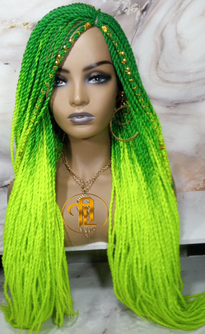 Ombre Senegalese Green Florescent Gradient Chartreuse Slime Green Twist Braid Wig Small Long Unicorn Braids Neon Festival EDC