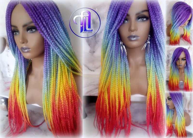 Rainbow Mermaid Purple Blue Yellow Orange  Wig Box Braids braided Synthetic hair Lace Part Wig Pride Ready to Ship LGBT Pride