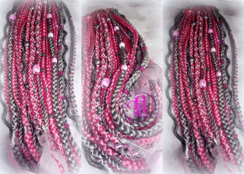 Pink Grey Silver Ponytail Hair Fall Extensions Elements Accents Feathers synthetic box braids hair scrunchie clip in Clip on Braids