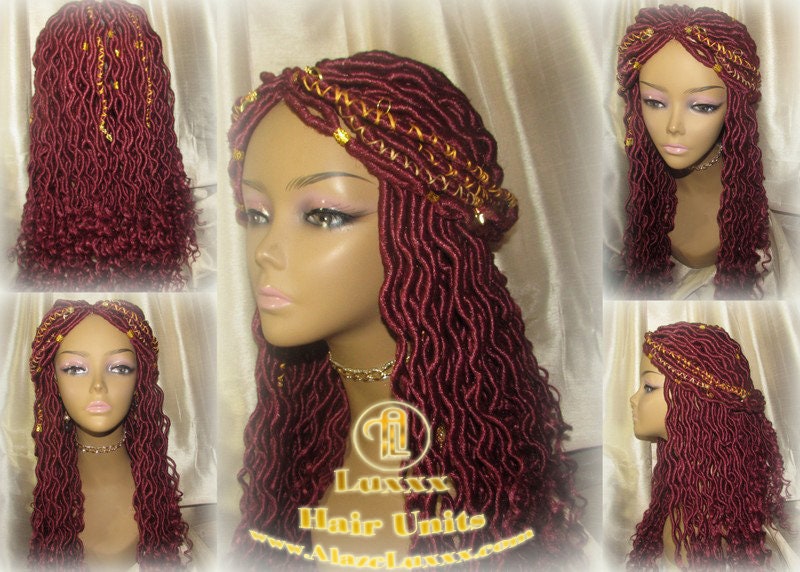 Braided Wig Rich Red Burgundy Gold Goddess Faux Loc Alopecia Hair Thinning Cancer Wigs Protective Box Braid Kinky Twist Crochet Braided Wig