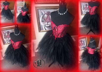 Red Dress Tulle Mesh Skirt Corset Outfit Red Black Hi Low Layered Skirt Prom Anniversary Sweet 16  Sexy Bodycon Costume Adult Birthday