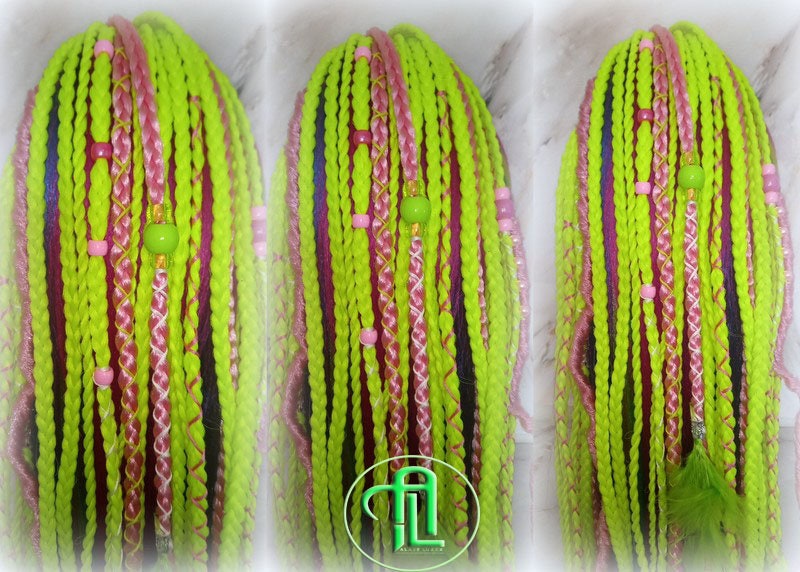 Ponytail Hair Fall Extensions Pink Green Florescent Ombre Elements Accents Feathers synthetic box braid hair scrunchie clip in Clip on Braid