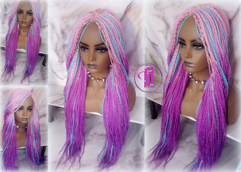 Ombre Pink Purple Blue 24 Inch Long Soft Senegalese Twist Ombre Braids Hair Synthetic Braiding Hair Extension Unicorn accents