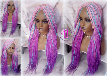 Ombre Pink Purple Blue 24 Inch Long Soft Senegalese Twist Ombre Braids Hair Synthetic Braiding Hair Extension Unicorn accents