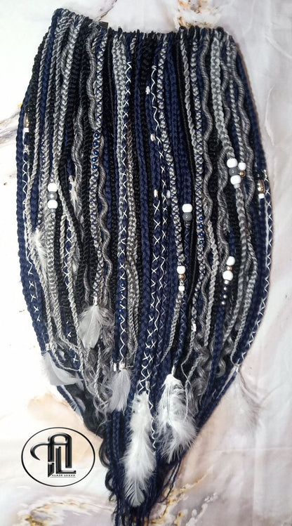 Blue Black Silver Boho Single Ended SE 100 Piece Braids Plaits Twist Soft Crochet Boho Dread Braid Hair Wraps Extensions SE Dread Cuffs Ring