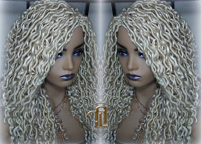 613 Blonde Goddess Faux Locs 14in Short Braid Wig Platinum White Blonde Marley Dred Lock Wig Gypsy Bohemian Boho Lace Part