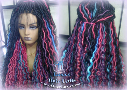 Blue Pink Purple Teal Ombre Goddess Faux Locs Lace Closure w Baby Hairs Faux Loc Wig 4x4 Wig Mermaid long rainbow boho bohemian braids wig