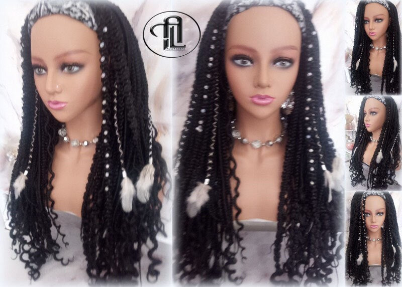 Black 1B Headband Wig Braids Dreads Mix Set Twist Soft Crochet Boho Dread Braid Set Bohemian extensions Goddess Faux Locs Partial Dreads Wig