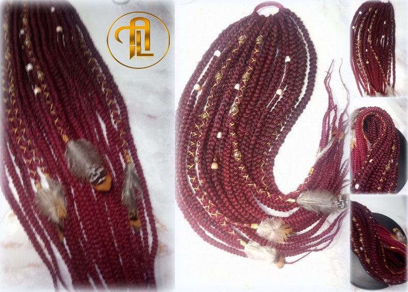 Viking Ponytail Hair Fall Extensions Ombre Black Red Burgundy Gold Elements Accents Feathers Jungle box braids hair scrunchie Butterfly
