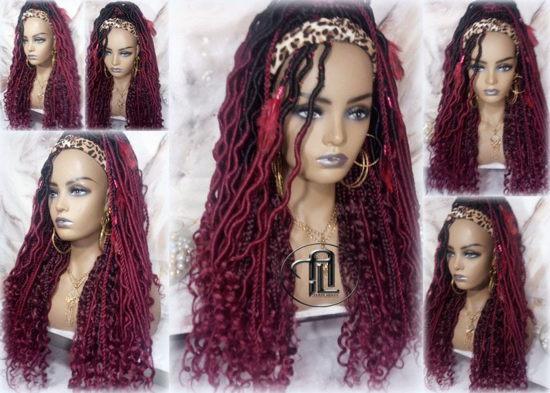 Headband Wig Ombre Black Red Burgundy 530 Dreads Mix Set Twist Soft Crochet Boho Dread Braid Set Bohemian extensions