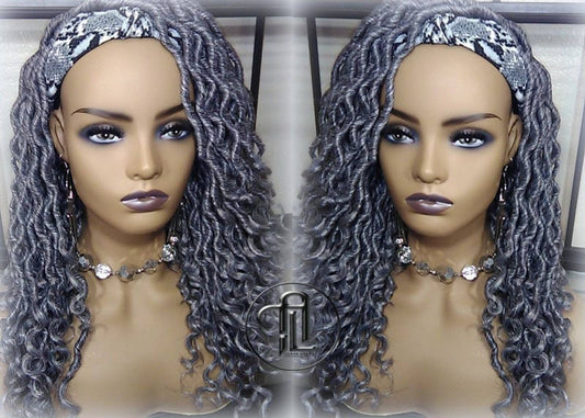 Headband Wig Short 14in Goddess Faux Dread Locs Salt N Pepper 44 51 Gypsy Boho Silver Grey Gray Platinum Storm Wig Unit Wavy READY TO SHIP