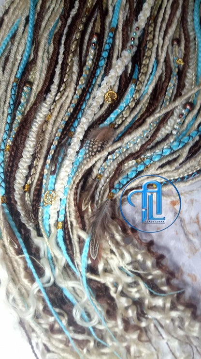 Blue Bohemian Brown Blonde Blue Set Soft boho dreadlocks textured braid wavy SE Full set Curls dreads Dragon Braid Festival Long Jungle Hair