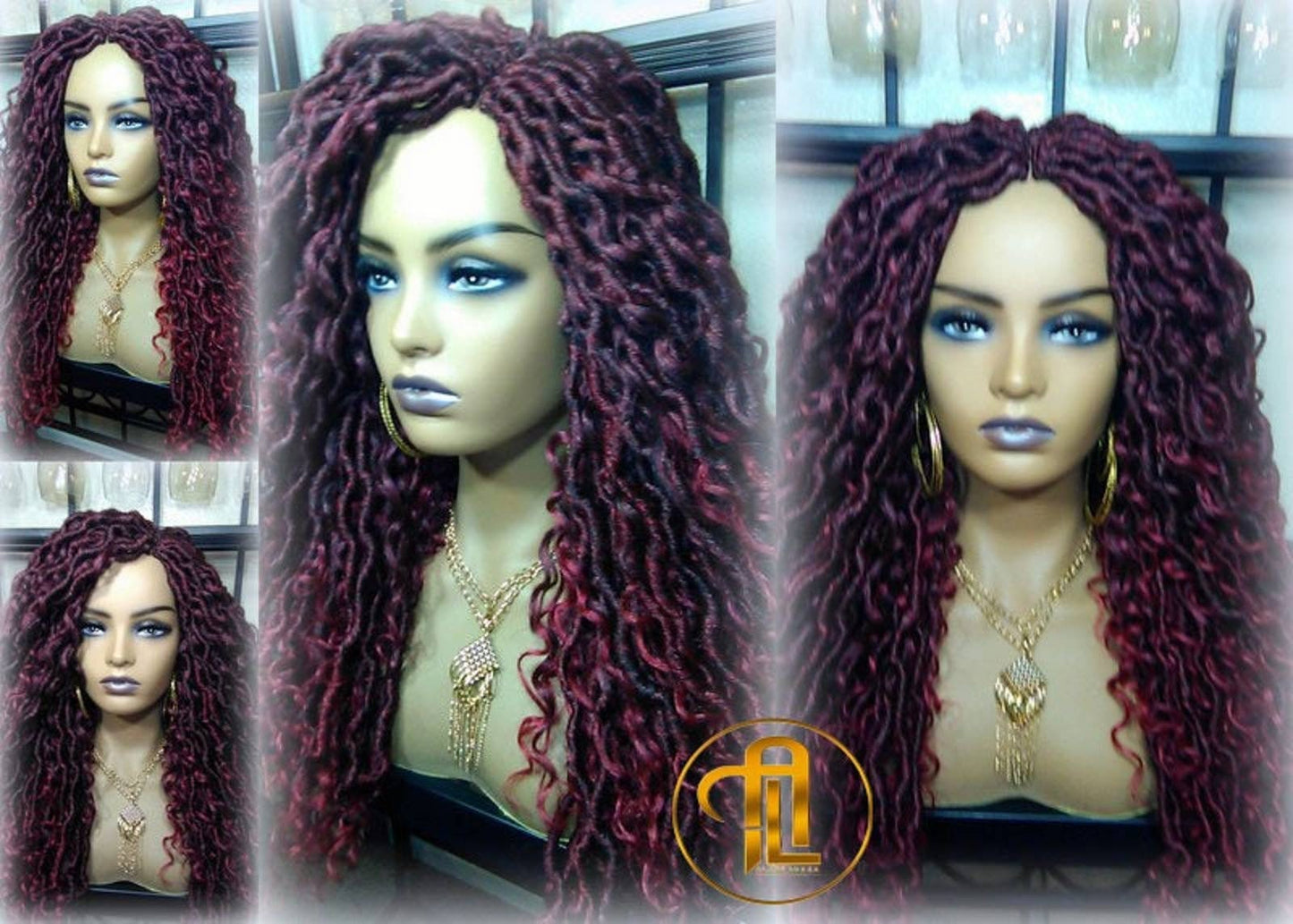 Red 530 Black Mix Goddess Faux Loc Curly Boho Braided Wig Gypsy Bohemian Boho Dread DE SE Dred Lock Hair wig Ready to ship