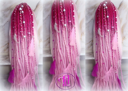 Ponytail Hair Fall Extensions Dark Pink Light Pink Ombre Elements Accents Feathers synthetic box braids hair scrunchie clip in Clip on Braid