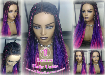 Cornrow Black Purple Pink Ombre Lemonade Braid Wig Lace Closure Baby Hair Box Braids Mermaid Unicorn Rainbow Hair