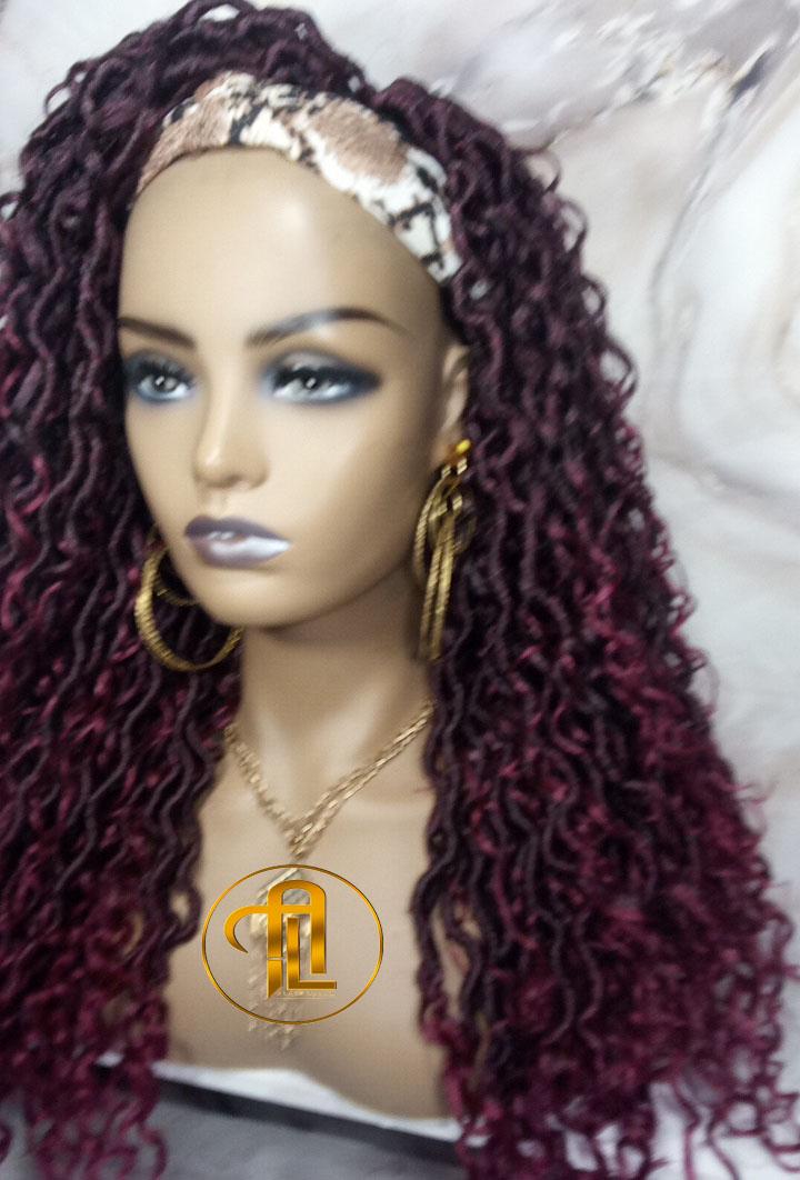 Headband Wig Mix Burgundy Black Ombre River Boho Loc Wig Goddess Faux Locs Gypsy Bohemian Curly Waterfall Hair Curly Ends