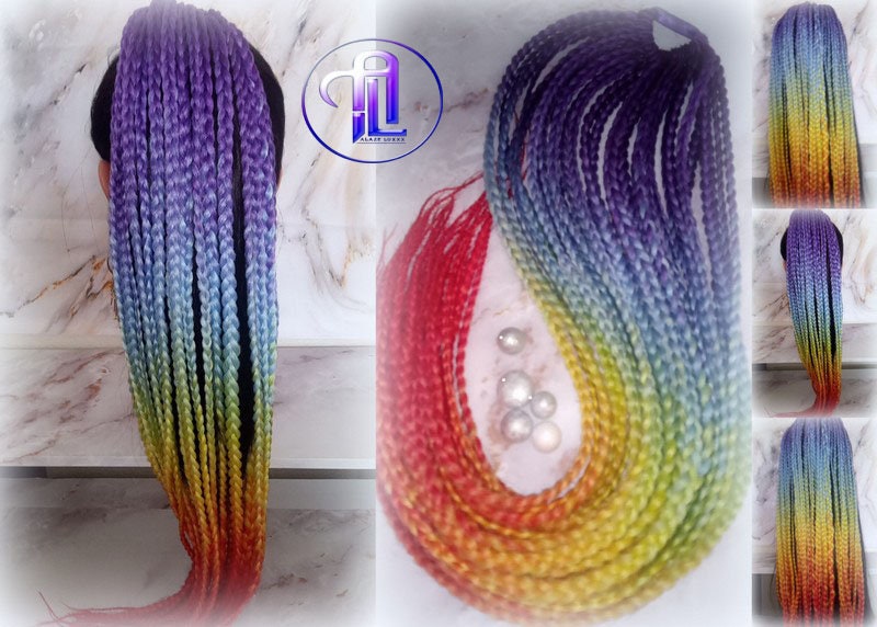 Ponytail Hair Fall Extensions Ombre Rainbow Purple Blue Elements Accents Feathers synthetic box braids hair scrunchie clip in Clip on Braids