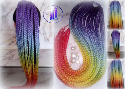 Ponytail Hair Fall Extensions Ombre Rainbow Purple Blue Elements Accents Feathers synthetic box braids hair scrunchie clip in Clip on Braids