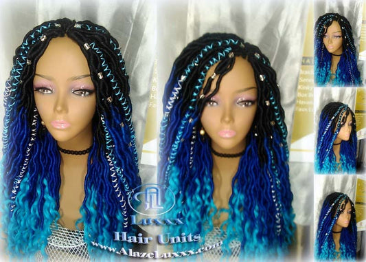Goddess Faux Locs Blue Ombre curly long wig synthetic dreads crochet braids Mermaid Hair Drag Queen Cosplay Wig Carnival Festival Hair