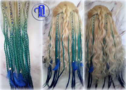 Blonde Teal Green Blue Ombre Clip in Braid Long 24 in Boho Extensions Box braiding hair Rave Festival Elements Feathers