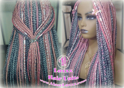 Pink Grey Mermaid Wig Box Braids braided Synthetic hair Lace Baby hair Light Pink wig pink extensions stage hair gypsy Boho Butterfly