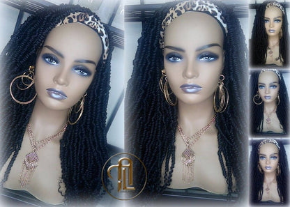Headband Wig Long 20in Passion Twist Black 1B Mini Small Fluffy Irregular Bomb Spring Kinky Bohemian Boho Water Wave Hair twist hair