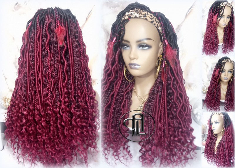 Headband Wig Ombre Black Red Burgundy 530 Dreads Mix Set Twist Soft Crochet Boho Dread Braid Set Bohemian extensions