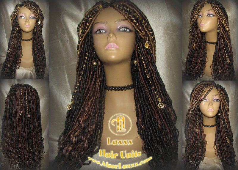 Brown Long Wavy Goddess Faux Locs Blonde Honey 30 33 27 Hair Gypsy Bohemian Boho Dread Loc 27 DE SE Dred Lock  Braided Wigs Festival Hair