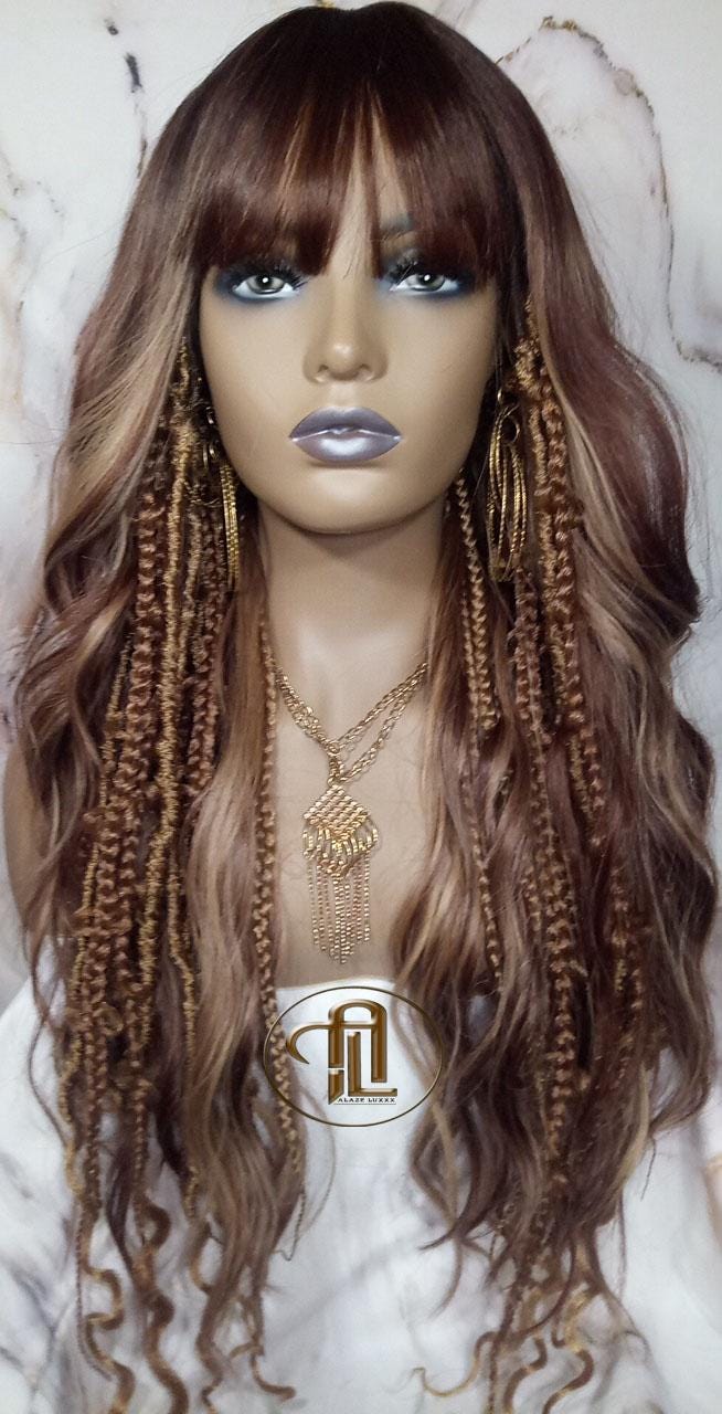 Full Wig Dread Braid Bangs Twist Soft Crochet Boho Synthetic Dread Braid Bohemian Dark Root Ombre Brown Blonde Long Wavy Curly Balayage Wig