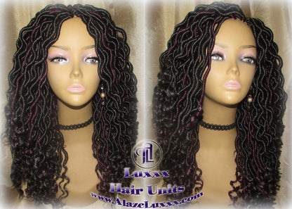 Black 1b Purple Goddess Faux Locs Wavy Curly Crochet 14 16 in Short Medium Braid Wig Black Marley Dreds Braid Wig faux Loc Wig Festival hair