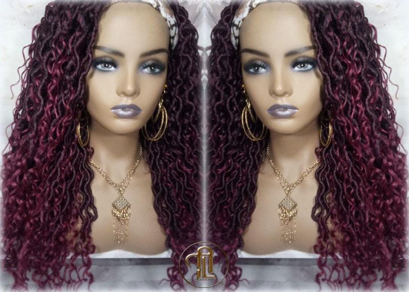 Headband Wig Mix Burgundy Black Ombre River Boho Loc Wig Goddess Faux Locs Gypsy Bohemian Curly Waterfall Hair Curly Ends