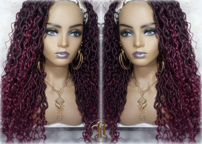 Headband Wig Mix Burgundy Black Ombre River Boho Loc Wig Goddess Faux Locs Gypsy Bohemian Curly Waterfall Hair Curly Ends