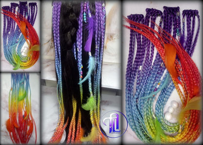 Rainbow Ombre Clip in Braid Long 24 in Boho Feathers Elements Extensions Rainbow Ombre Pink Box braiding Rave Festival LGBTQ Pride