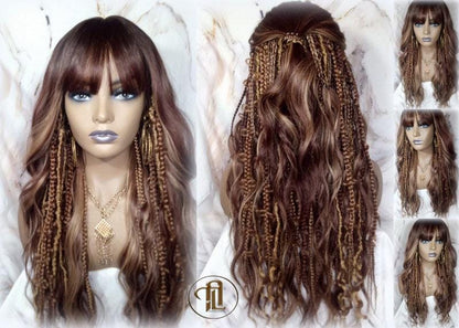 Full Wig Dread Braid Bangs Twist Soft Crochet Boho Synthetic Dread Braid Bohemian Dark Root Ombre Brown Blonde Long Wavy Curly Balayage Wig