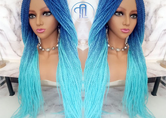 Blue Ombre Senegalese Twist Braid Wig Small Long Gradient Unicorn Mermaid Wig Sale Alopecia Braids Light Royal Indigo Blue  Ready to Ship