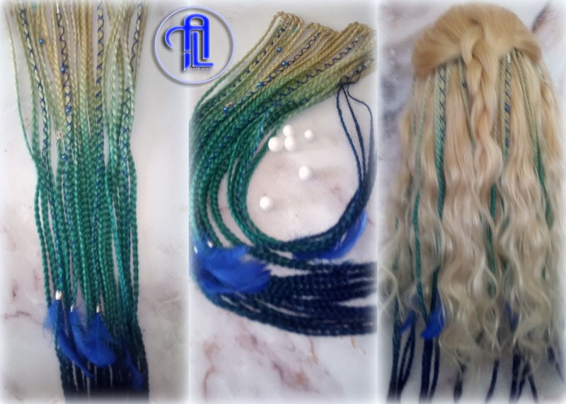Blonde Teal Green Blue Ombre Clip in Braid Long 24 in Boho Extensions Box braiding hair Rave Festival Elements Feathers
