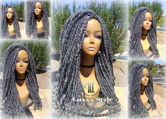 Big Large Fluffy  Storm Silver Grey Gray 44 51 Platinum Metallic Chrome Hair Gypsy Bohemian Boho Goddess Faux Dread Locs Wig Ready to ship