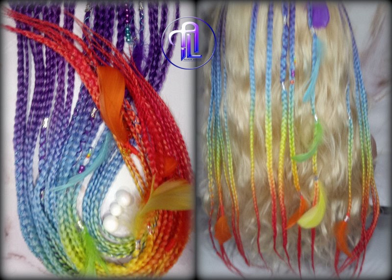 Rainbow Ombre Clip in Braid Long 24 in Boho Feathers Elements Extensions Rainbow Ombre Pink Box braiding Rave Festival LGBTQ Pride
