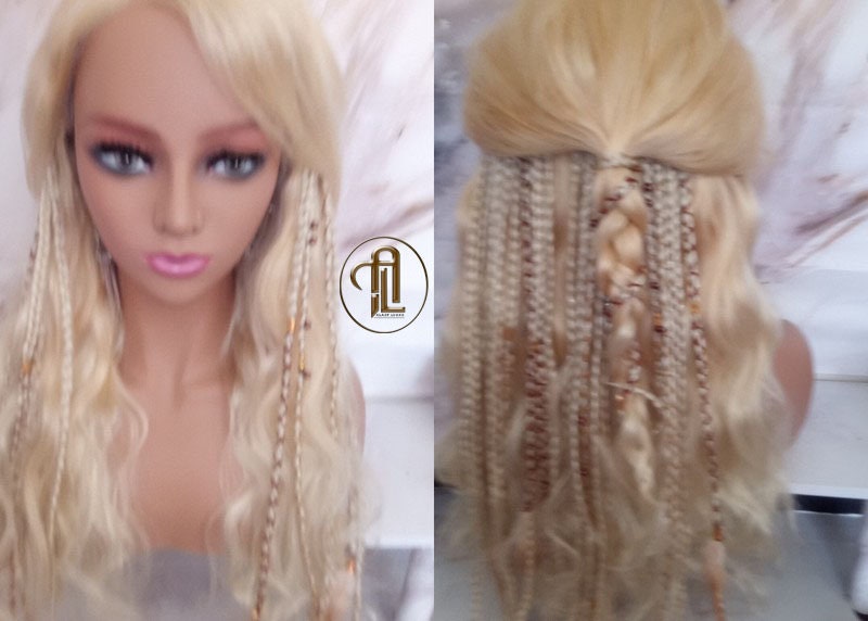 Blonde 613 White Blonde Platinum Clip in Braid Long 24 in Boho Extensions Box braiding hair Rave Festival Feathers Elements