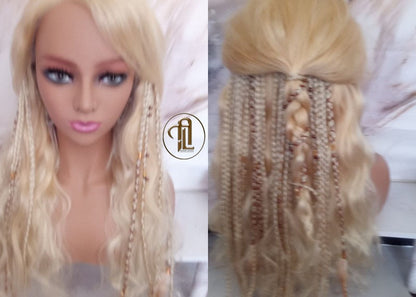 Blonde 613 White Blonde Platinum Clip in Braid Long 24 in Boho Extensions Box braiding hair Rave Festival Feathers Elements