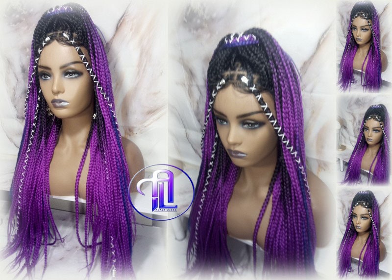Box Braids Ombre Black Purple Blue Mermaid Gradient Braid Wig 24 Inch Long Synthetic Braiding Hair Extension
