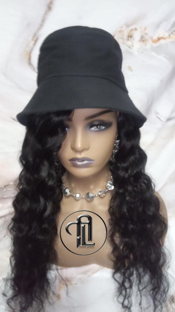 Bucket Hat Deep Wave Human Hair Black Wavy Hair Alopecia Chemo Hair Thinning Fisherman Hat Long Human Hair protective style Easy to wear