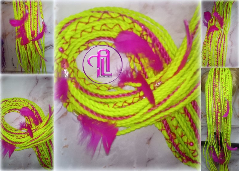 Ponytail Hair Fall Extensions Neon Green Slime Hot Pink Elements Accents Feathers synthetic senegalese twist braids hair scrunchie clip in